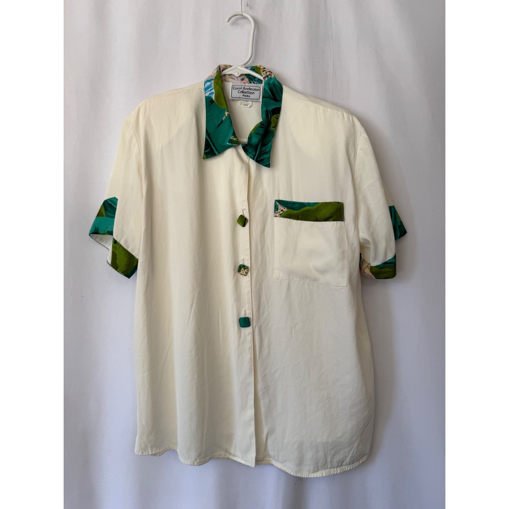 Carol Anderson Collection Petite White Tropical Floral Rayon Button‎ Up Shirt PL